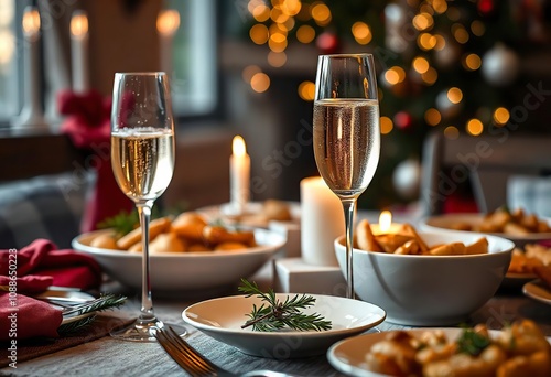 Elegant Holiday Table Setting with Champagne and Festive Decor