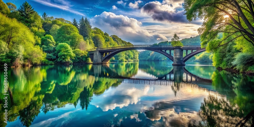 Naklejka premium Serene Blue Bridge Over a Tranquil River: A Stunning High Depth of Field Image Capturing Nature's Beauty with Generative AI Techniques for Stock Photo Use
