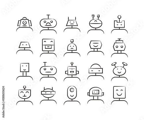 hand drawn and sketch robot head avatars set vector illustration