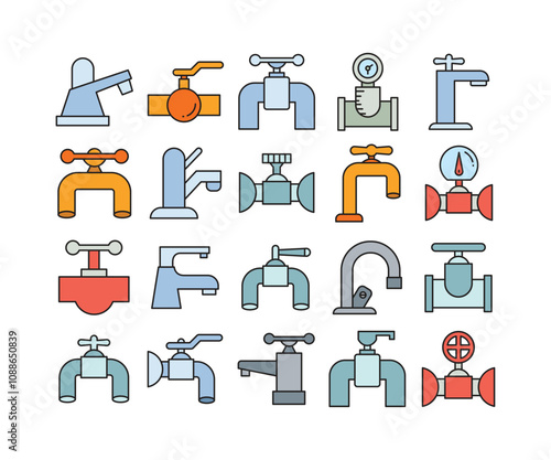 industrial valve with gauge and faucet icons set