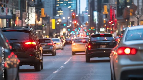 Cars are stopped in traffic in the city at dusk.