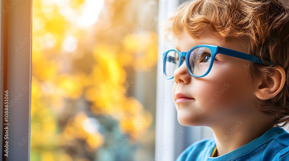 Young child wearing blue glasses focusing on distant tree outside window, symbolizing myopia prevention and importance of outdoor activities. Young child wearing blue glasses focusing on distant tree outside window, symbolizing myopia prevention and importance of outdoor activities.