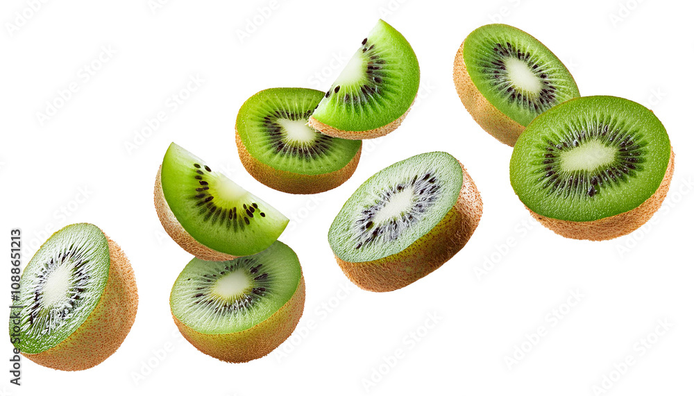 Fototapeta premium Kiwi pieces falling, isolated on white background, cutout transparent