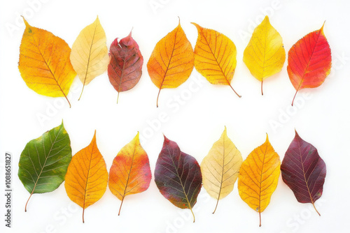 Colorful autumn leaves arranged in pattern, showcasing various shades of yellow, orange, red, and green. vibrant colors evoke sense of seasonal change and natural beauty