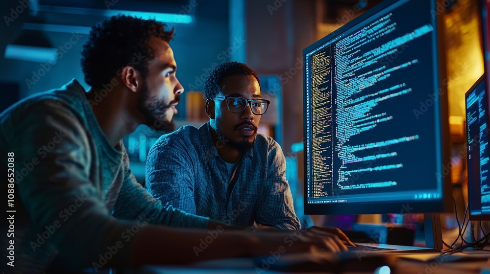 In a modern workspace, two developers sit closely together, focused on writing code, showcasing teamwork, technology focus, and collaborative problem-solving in action. In a modern workspace, two developers sit closely together, focused on writing code, showcasing teamwork, technology focus, and collaborative problem-solving in action.