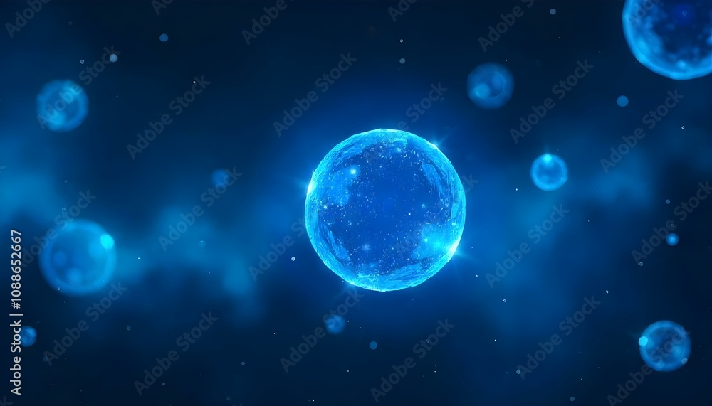 Fototapeta premium Glowing blue molecules floating in dark copy space