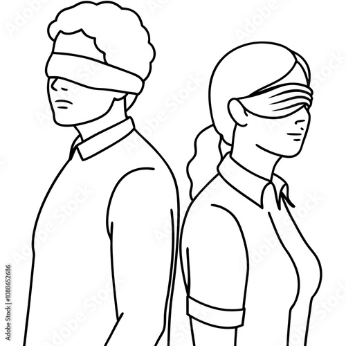 blindfolded couple stand back to back