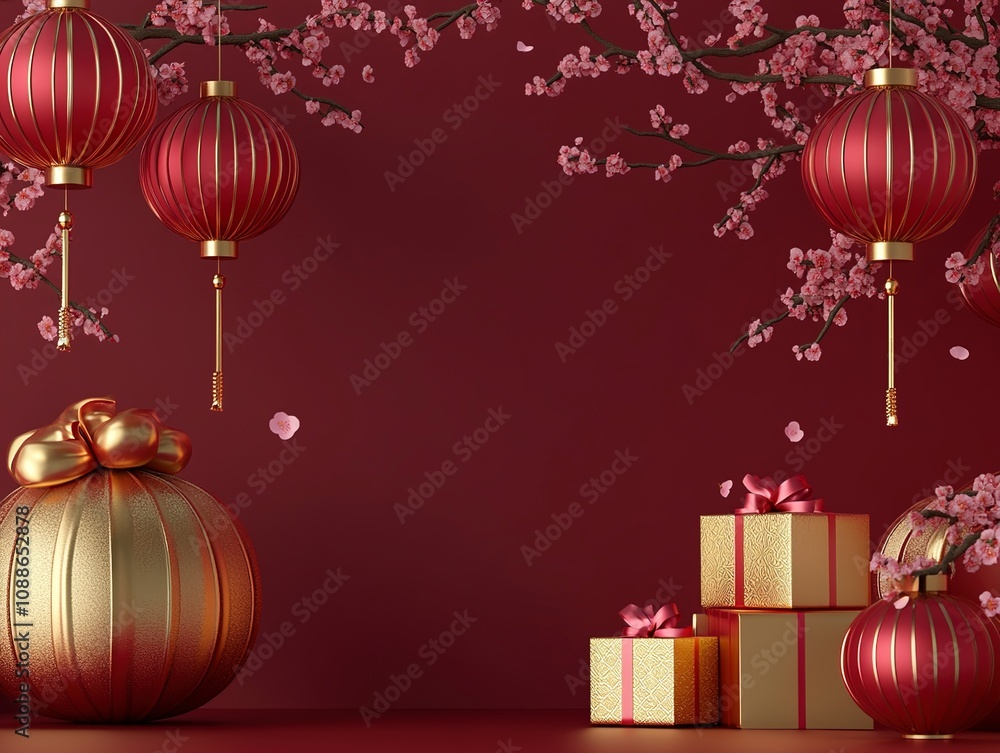 Lunar New Year Celebration Red and Gold Festive Decor with Cherry Blossoms