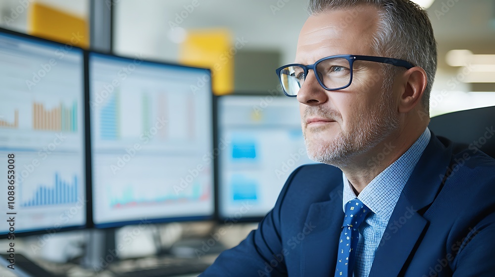 Business professional analyzing data trends in modern office environment digital workspace Business professional analyzing data trends in modern office environment digital workspace