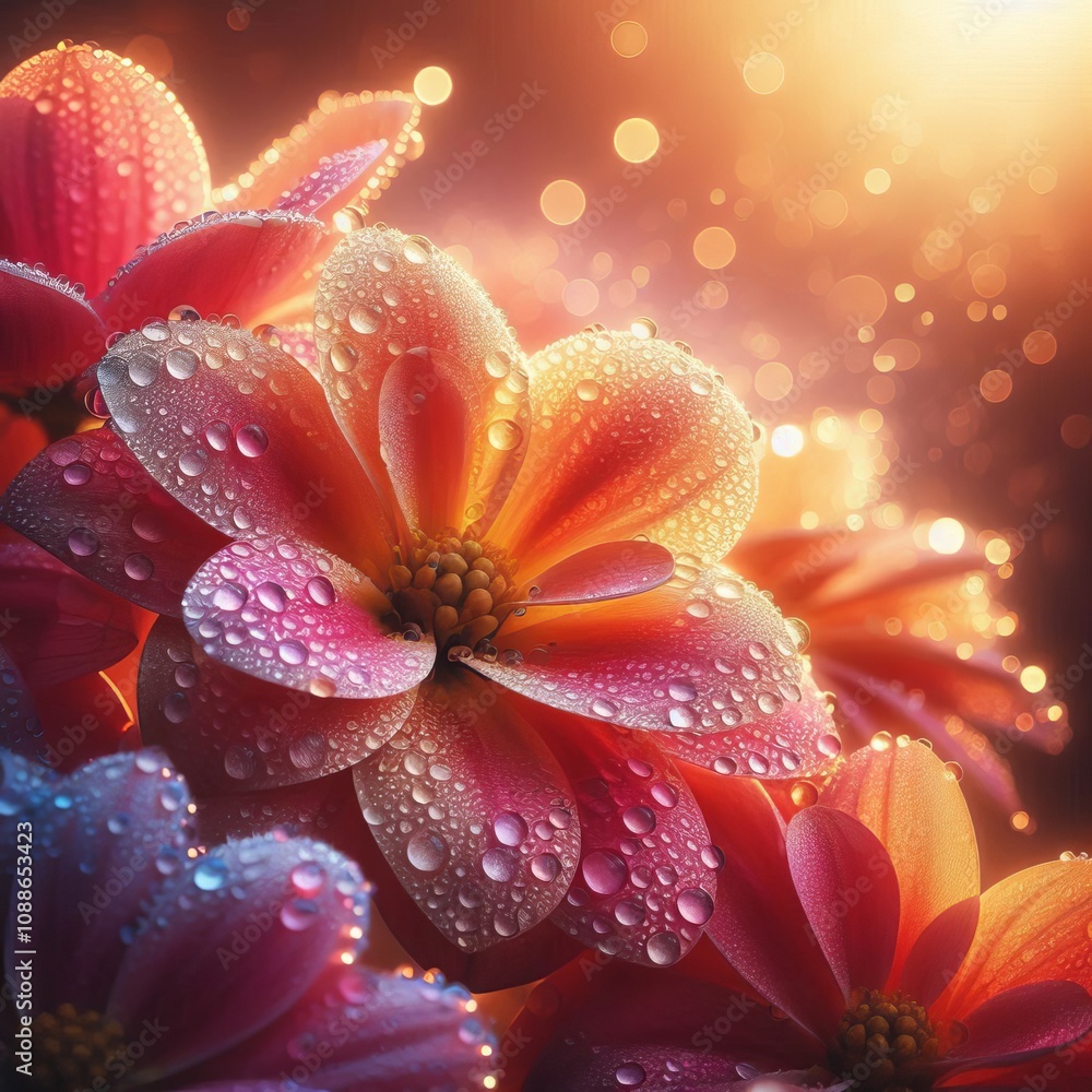 Water Droplets on Flower Petals Highlight the vibrant colours of Water Droplets on Flower Petals Highlight the vibrant colours of