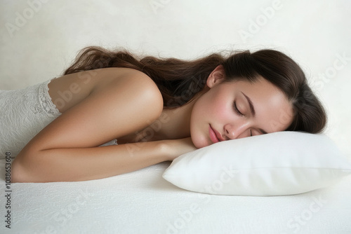 serene woman sleeping peacefully on white pillow, showcasing tranquility and relaxation. Her long hair cascades gently, enhancing calm atmosphere photo