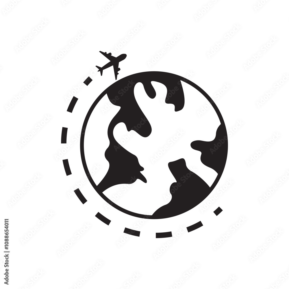 Airplane Travel Around the Globe Icon with Flight Path Airplane Travel Around the Globe Icon with Flight Path