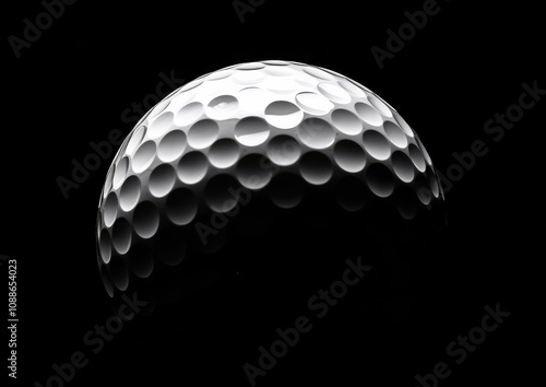 close up of golf ball showcasing its textured surface against black background, highlighting dimples and spherical shape. image evokes sense of precision and sport