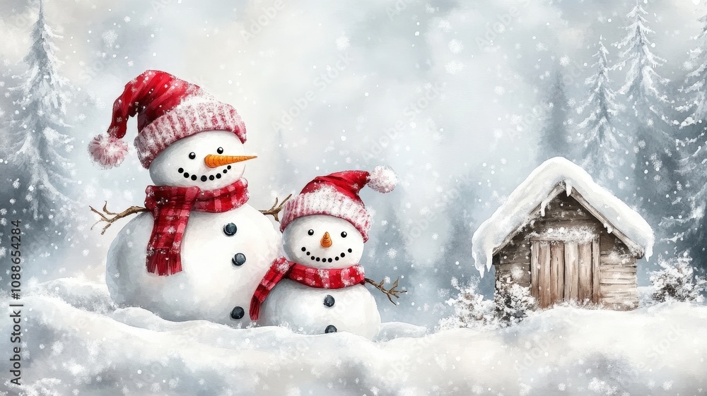 Joyful snowman family building a cozy hut in a winter wonderland watercolor art serene atmosphere Joyful snowman family building a cozy hut in a winter wonderland watercolor art serene atmosphere