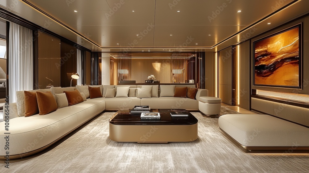 Luxurious modern living room with elegant furnishings and warm light in upscale urban setting Luxurious modern living room with elegant furnishings and warm light in upscale urban setting