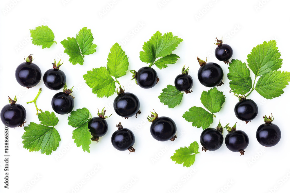 Fresh blackcurrants and green leaves arranged artistically on white background, showcasing their vibrant colors and natural beauty Fresh blackcurrants and green leaves arranged artistically on white background, showcasing their vibrant colors and natural beauty
