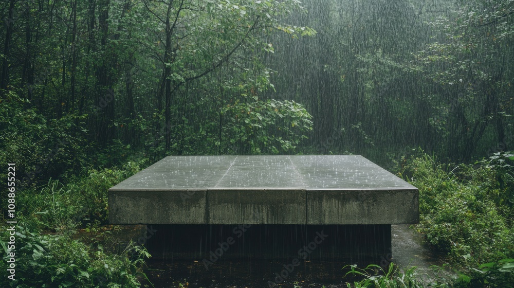 Rainy Day Serenity: An Abandoned Concrete Structure Amidst Lush Greenery, Capturing the Beauty of Nature and Isolation in a Quiet Forest Scene Rainy Day Serenity: An Abandoned Concrete Structure Amidst Lush Greenery, Capturing the Beauty of Nature and Isolation in a Quiet Forest Scene