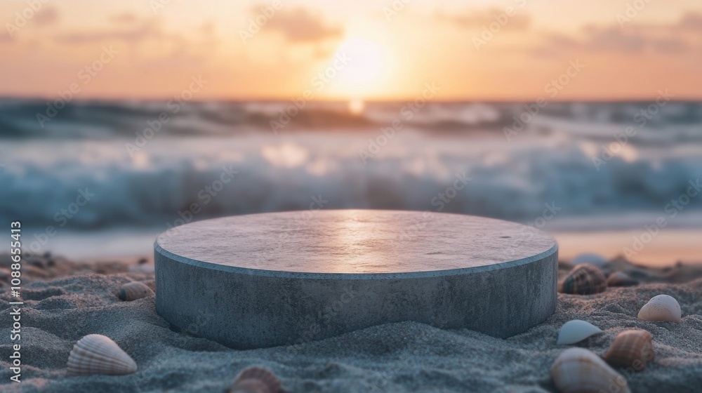 Serene Sunset Over Calm Ocean Waves with Circular Platform Surrounded by Seashells on Sandy Beach Creating a Tranquil Coastal Scene Serene Sunset Over Calm Ocean Waves with Circular Platform Surrounded by Seashells on Sandy Beach Creating a Tranquil Coastal Scene