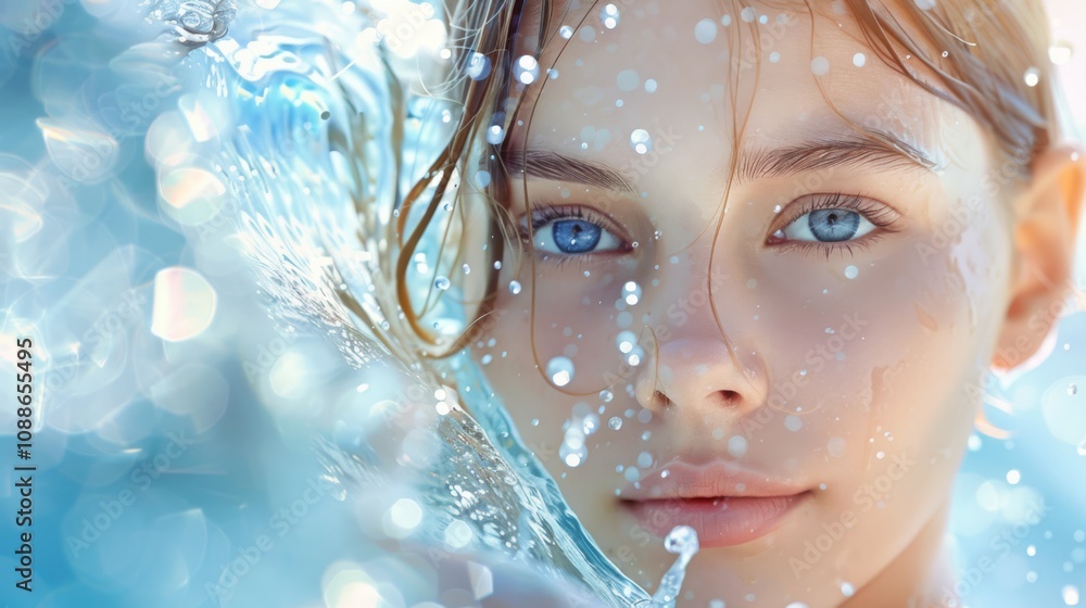 Close-up portrait of a young woman with blue eyes and wet skin, surrounded by water droplets and bokeh effects. Light reflections create a dreamy, ethereal quality Close-up portrait of a young woman with blue eyes and wet skin, surrounded by water droplets and bokeh effects. Light reflections create a dreamy, ethereal quality