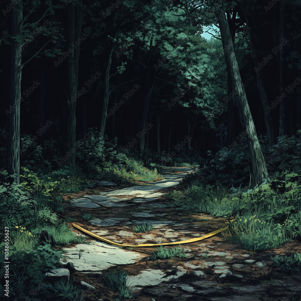 Fototapeta premium Crime Scene in Forest at Night with Disturbing Evidence, Blood, and Investigative Markers