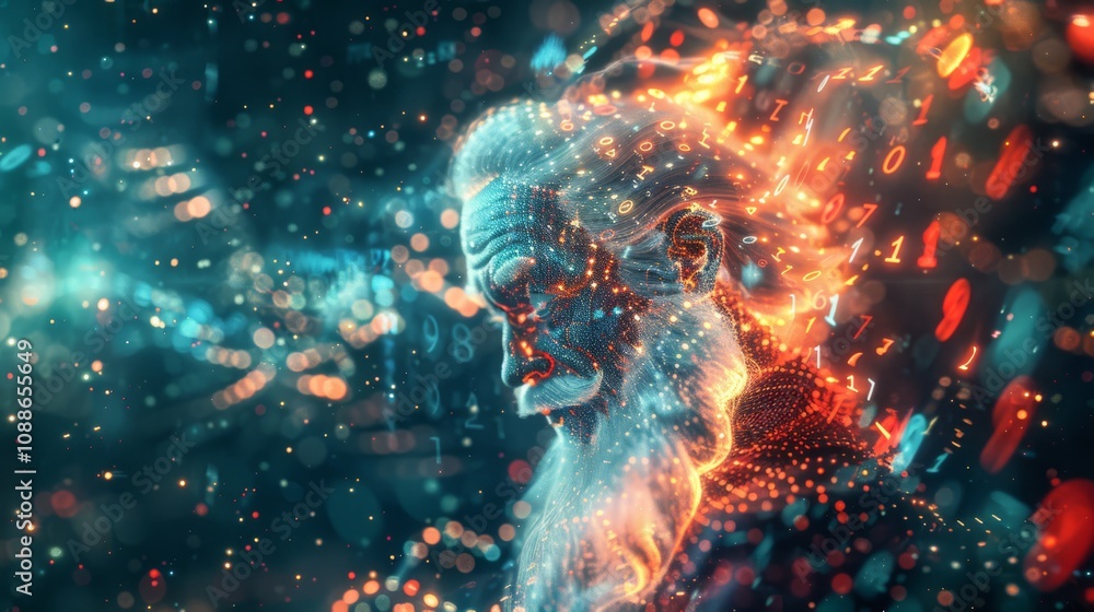 Santa Claus depicted in a futuristic, digital style with flowing neon lights and binary code. His profile is surrounded by vibrant dots and illuminated numbers in red, orange, and blue hues Santa Claus depicted in a futuristic, digital style with flowing neon lights and binary code. His profile is surrounded by vibrant dots and illuminated numbers in red, orange, and blue hues