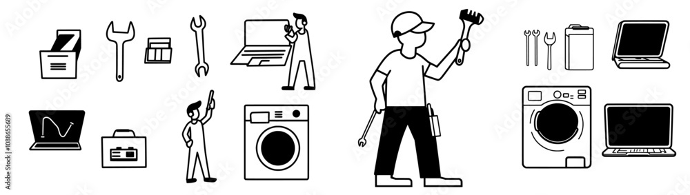 Set of washing machine repair linear icons. Hammer, screwdriver, and spanner tools. Set of washing machine repair linear icons. Hammer, screwdriver, and spanner tools.