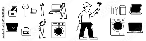 Set of washing machine repair linear icons. Hammer, screwdriver, and spanner tools.