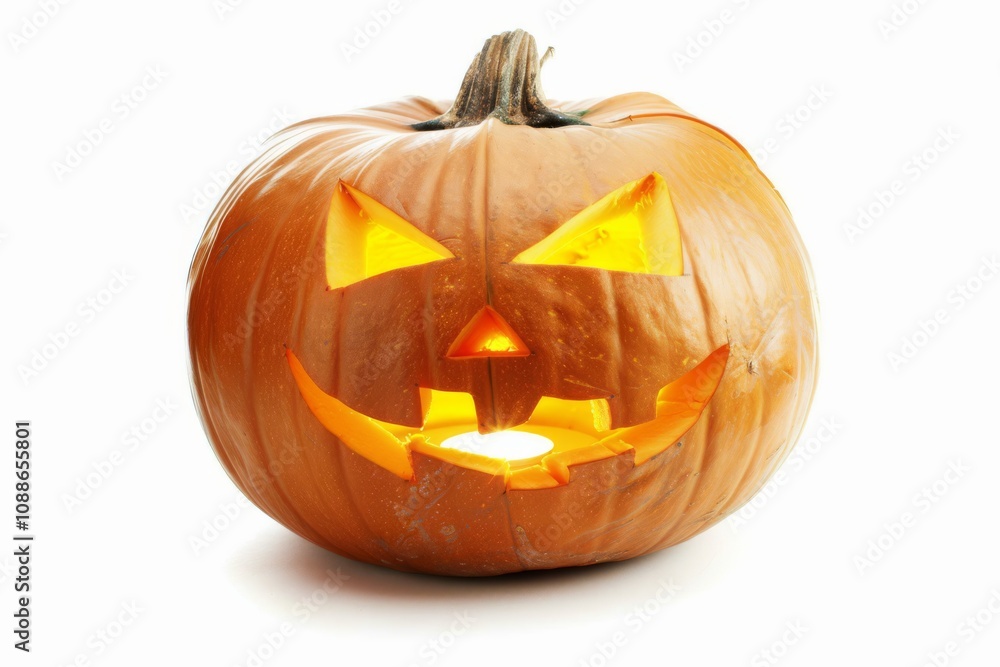 A single carved pumpkin with a glowing, playful jack-o'-lantern face featuring a wide, crooked smile and triangular eyes, set against a white background for Halloween decor A single carved pumpkin with a glowing, playful jack-o'-lantern face featuring a wide, crooked smile and triangular eyes, set against a white background for Halloween decor