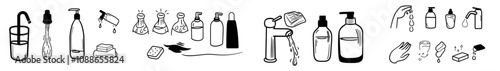 A set of clean water linear icons. Bottle, antibacterial filter and tap water.