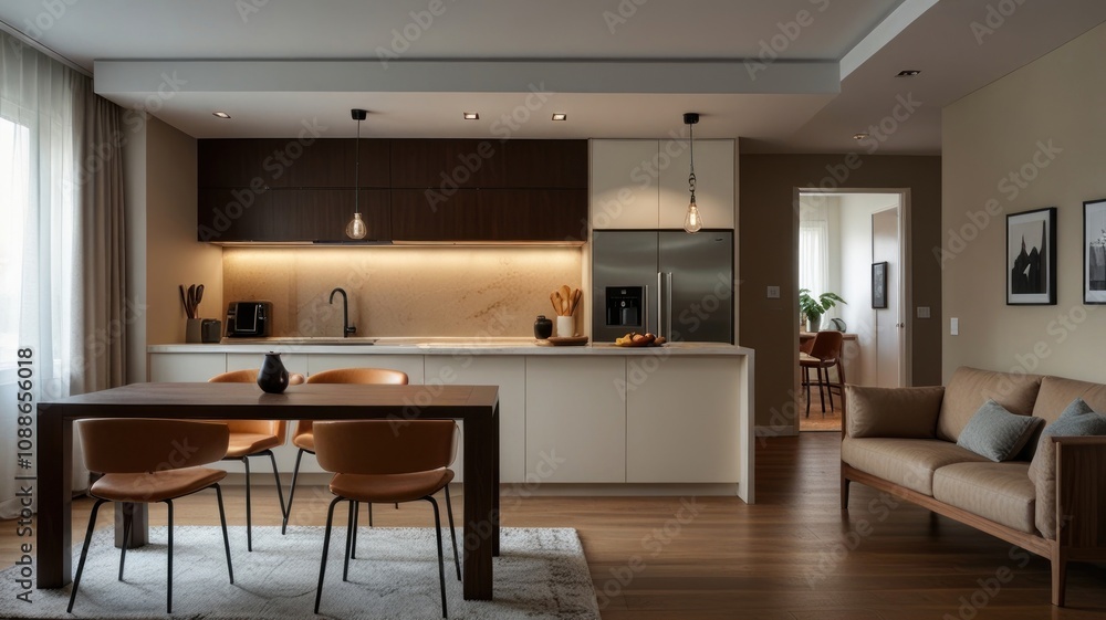 Modern open-plan kitchen and living room with hardwood floors, beige walls, and contemporary furniture. Modern open-plan kitchen and living room with hardwood floors, beige walls, and contemporary furniture.