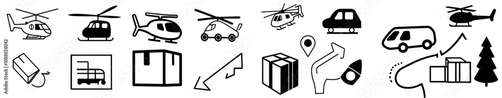 Fototapeta premium Various transportation icons included: Exit, World travel, Parking garage signs, Passport, Packing boxes, Medical helicopters, Open box, Escalator, Car, Taxi, Flight mode.