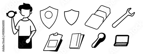 Icons for spanners, screwdrivers, and wrenches. Repair car service line. Recovery, washing machine repairs, car maintenance. Engineer tool, tech support. Spanner equipment, screwdriver. Modern