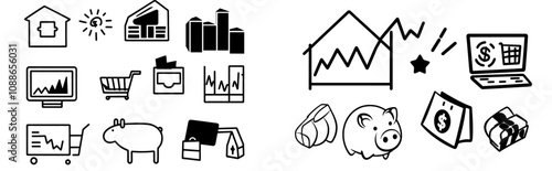 There is a set of line icons for Bitcoin, Wallets, and Stock Analysts. There are also Loyalty Points, Growth charts, and Shopping Bags. Statistic, Loan percent, and Report diagram symbols which can