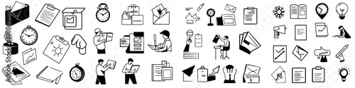 Icons set. Included icons are report documents, graph charts, bureaucracy signs, timers, dot plots, idea symbols, wind energy, RFP line icons. Growth chart, Growth report. Line icons set. Modern