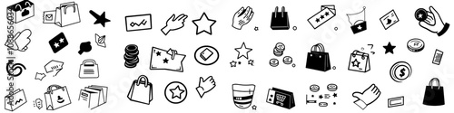 A collection of loyalty program icons. Bonus card, gift redemption, discount coupon signs. A lottery ticket, earn reward, and win gift icons. A shopping bag, a loyalty card, and a lottery present.