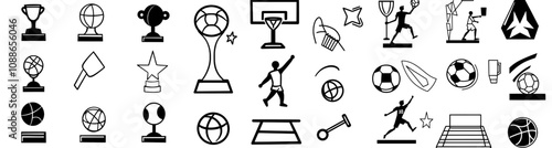 Modern set of sports icons. Included icons are Arena, Sports stadium, Certificate signs, Victory, Reward, Winner cup symbols, Laureate award, Ole Chant, Sports arena. Winner, Basketball, Approved.