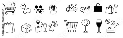 Icons set. Includes icons as Checklist, Presentation, Champagne glass signs. Interview, Opened box, Sync symbols. Search employees, Laureate award, Shopping cart. Receive file. Modern illustration.