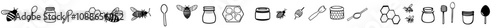 Modern set of honey and beekeeping icons with editable stroke. Bee, beehive, honeycomb, honey, jar, spoons, flowers, hives, jars, containers, and hives collection on white background.