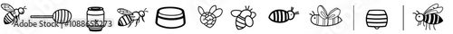 Bee, beehive, honeycomb, honey, jars, hives, spoons, flowers icons collection on white background. Bee, beehive, honeycomb, honey, honey, jars, hive, spoons, flowers icons collection on white