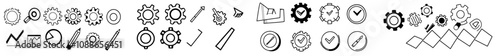 Thin line icon set of gear settings. Includes execution, process, system, evaluate, efficiency, business management project, task, implement, operate, optimize, performance.