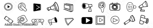 A thin line set of icons illustrating a video player. Each icon includes play or start button, pause or stop button, media, camera, live, cinema, multimedia, film, handycam, clapperboard, movie,