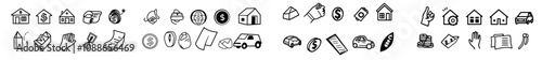 This set of icons represents the financial business management of assets. It includes accounting, wealth, property, savings, jewelry, certificates, money, vehicles and insurance.