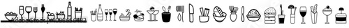 A set of catering icons. The icons consist of a fork, spoon, knife, plate, cloche, tray, chef's hat, beverage, food, dining table, and a waiter. Modern illustration of cutlery or tableware in a