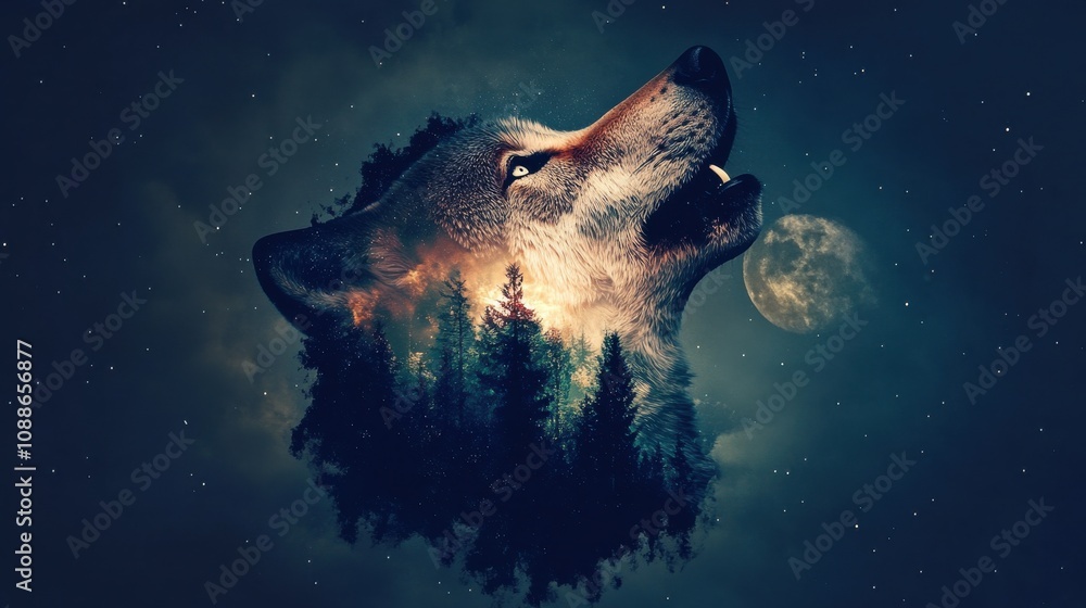 Obraz premium A striking digital artwork of a howling wolf overlaid with a forest and moonlit sky, evoking a sense of nature and wilderness.