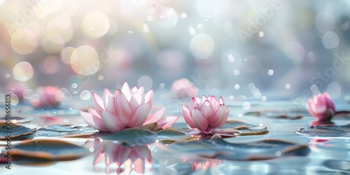 Beautiful pink lotus flowers float gently on a tranquil pond, surrounded by soft bokeh light. The serene and calming scene captures the essence of nature's elegance and beauty