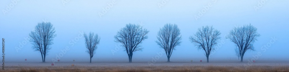 Foggy morning landscape with bare trees open field nature photography tranquil atmosphere Foggy morning landscape with bare trees open field nature photography tranquil atmosphere