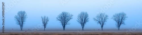 Foggy morning landscape with bare trees open field nature photography tranquil atmosphere