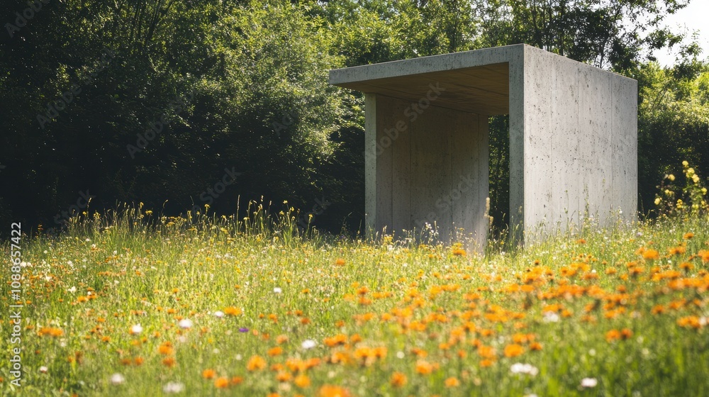 Minimalist concrete structure in a vibrant meadow filled with wildflowers, showcasing modern architectural design in harmony with nature's beauty Minimalist concrete structure in a vibrant meadow filled with wildflowers, showcasing modern architectural design in harmony with nature's beauty