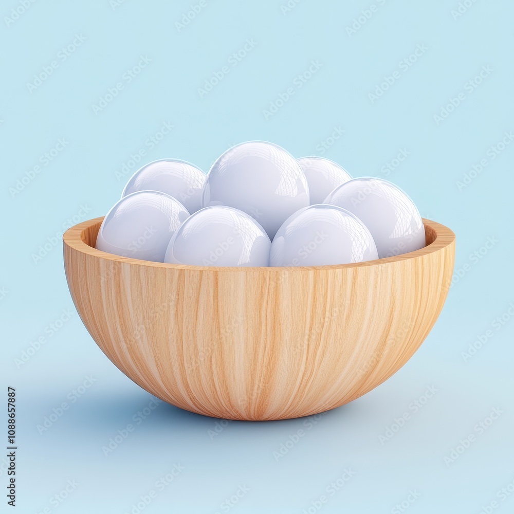 Wooden Bowl Filled with Fresh White Eggs on Pastel Blue Background Wooden Bowl Filled with Fresh White Eggs on Pastel Blue Background