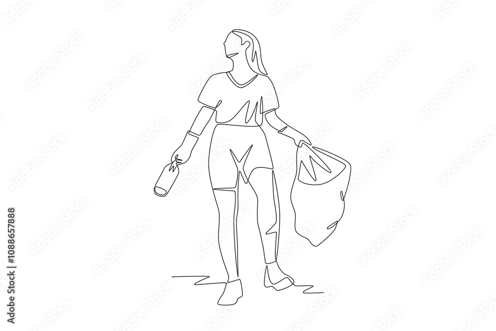 Woman collecting plastic waste. Plastic pollution concept one-line drawing Woman collecting plastic waste. Plastic pollution concept one-line drawing